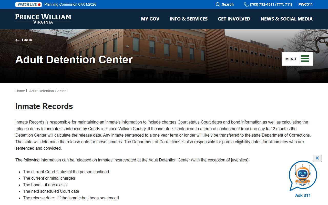 Prince William County inmate records phone lookup page
