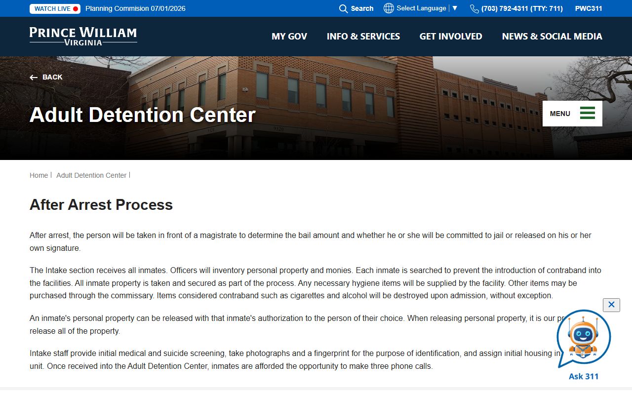 Prince William County ADC intake process for booking photos