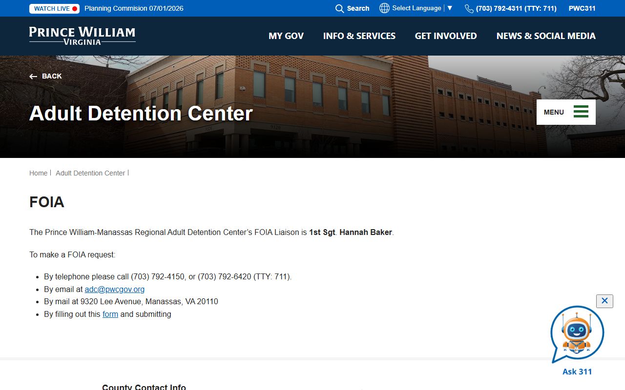 Prince William County ADC FOIA request page for jail inmate records