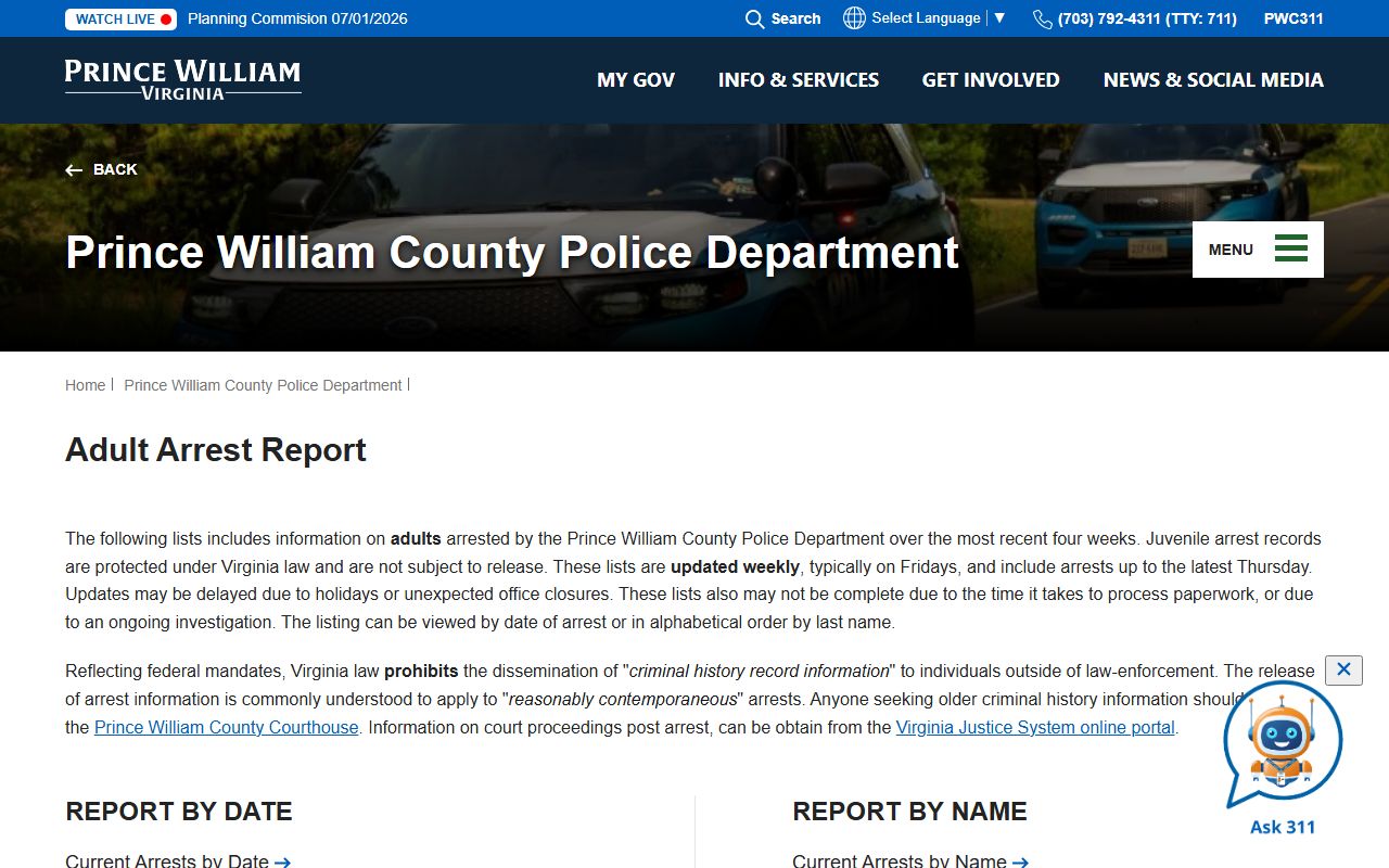Prince William County adult arrest report for jail custody research